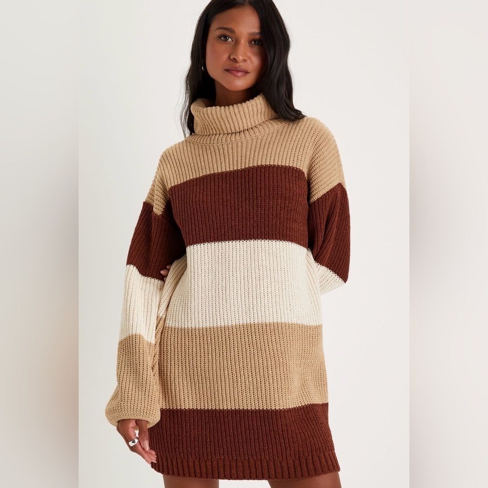 Lulu's Chunky Striped Turtleneck Sweater Dress in Brown, Cream & Tan